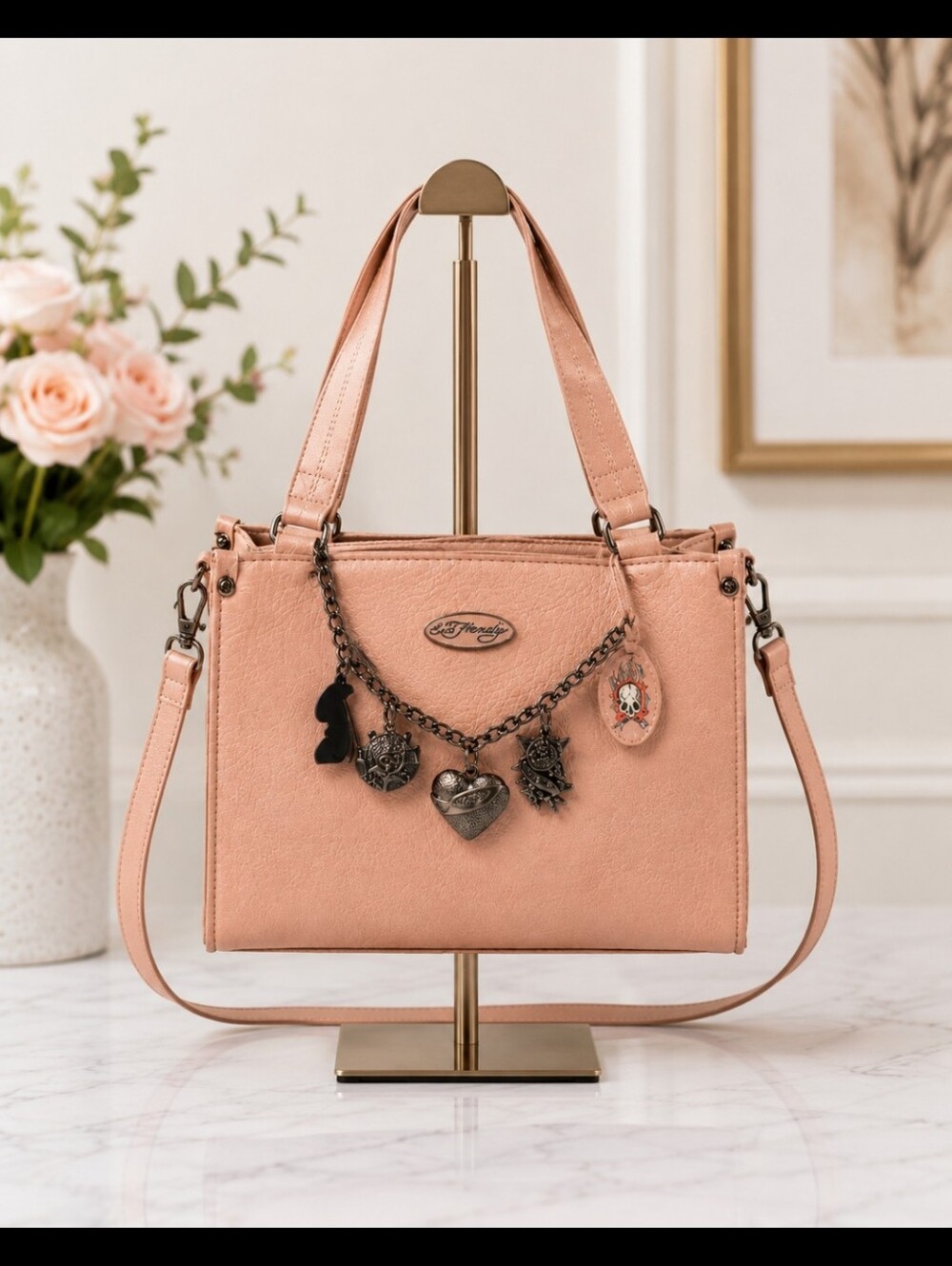 Ed Hardy - Charming Light Peach Colored Faux-Leather Tote with Charm Chain